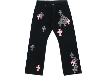 Chrome Hearts Pink & Checkered Cross Patch Fleurknee Jeans