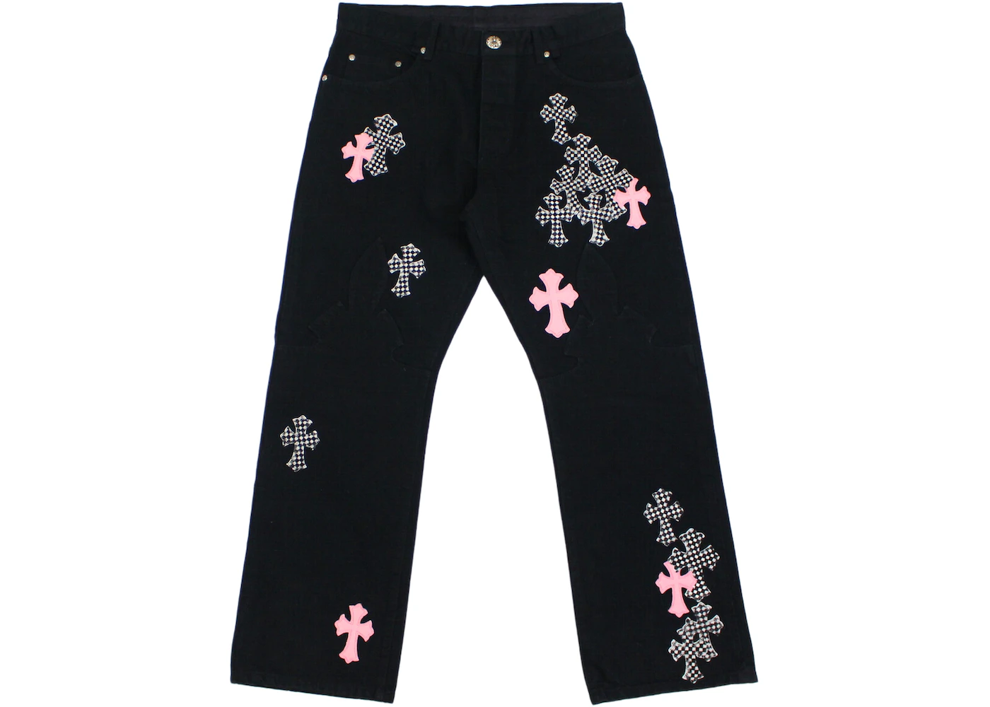Chrome Hearts Pink & Checkered Cross Patch Fleurknee Jeans Chrome Hearts Pink & Checkered Cross Patch Fleurknee Jeans
